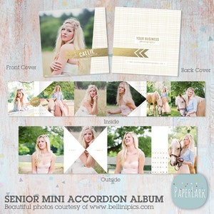 Puede incluir: Un &aacute;lbum de acorde&oacute;n mini para senior con un dise&ntilde;o dorado y blanco. La portada presenta una foto de una joven con el texto "CALLIE ROBERTS" y una flecha dorada. Las p&aacute;ginas interiores presentan fotos de la mujer con un caballo. La contraportada presenta el texto "YOUR BUSINESS photography" con un dise&ntilde;o de flecha dorada.
