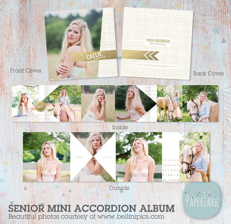 Puede incluir: Un &aacute;lbum de acorde&oacute;n mini para senior con un dise&ntilde;o dorado y blanco. La portada presenta una foto de una joven con el texto "CALLIE ROBERTS" y una flecha dorada. Las p&aacute;ginas interiores presentan fotos de la mujer con un caballo. La contraportada presenta el texto "YOUR BUSINESS photography" con un dise&ntilde;o de flecha dorada.