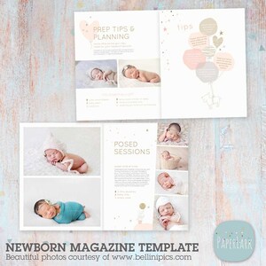 May include: A magazine template for newborn photography featuring a pink and gold color scheme with stars and balloons. The template includes tips for planning a newborn photoshoot and posed session ideas. The text "PREP TIPS & PLANNING", "tips", "POSED SESSIONS", and "NEWBORN MAGAZINE TEMPLATE" is included in the image.