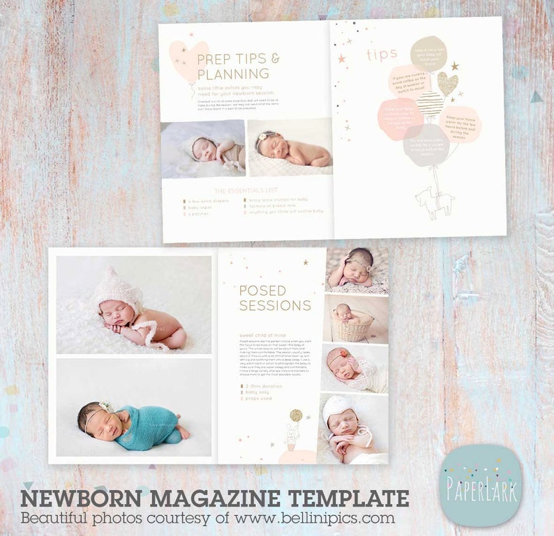 May include: A magazine template for newborn photography featuring a pink and gold color scheme with stars and balloons. The template includes tips for planning a newborn photoshoot and posed session ideas. The text "PREP TIPS & PLANNING", "tips", "POSED SESSIONS", and "NEWBORN MAGAZINE TEMPLATE" is included in the image.