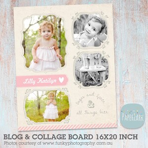 May include: A collage board with a pink and white striped border. The board features four photos of a young girl in a pink dress. The text "Lilly Katilyn" is written in pink on a white banner. The text "sugar and spice all things nice" is written in black on a white background. The text "PAPERLARK" is written in white on a blue background.