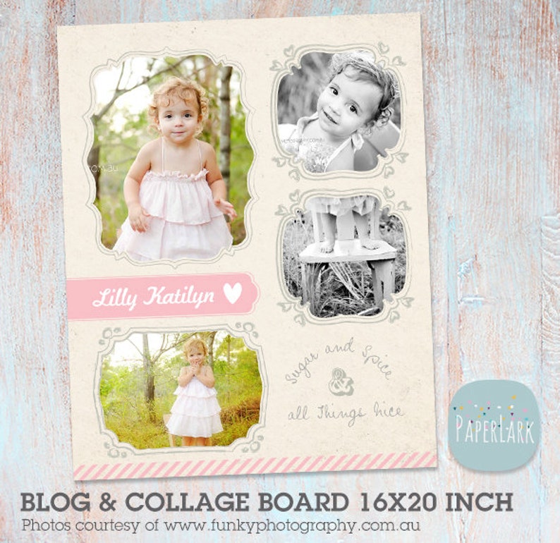 May include: A collage board with a pink and white striped border. The board features four photos of a young girl in a pink dress. The text "Lilly Katilyn" is written in pink on a white banner. The text "sugar and spice all things nice" is written in black on a white background. The text "PAPERLARK" is written in white on a blue background.