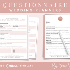 Cuestionario para el cliente del planificador de bodas y carta de bienvenida, formulario de admisión, cuestionario para los novios, plantilla Canva editable - NG055