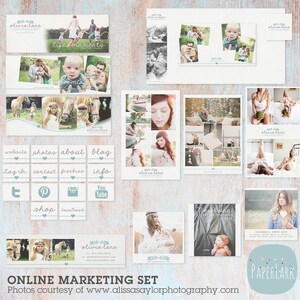 Może przedstawiać: Zestaw grafik marketingowych online dla firmy fotograficznej Olivia Lane Photography. Grafiki obejmują logo, przyciski strony internetowej, ikony medi&oacute;w społecznościowych i r&oacute;żne zdjęcia. Grafiki są zaprojektowane w rustykalnym, vintage stylu z jasnoniebieską i białą kolorystyką.