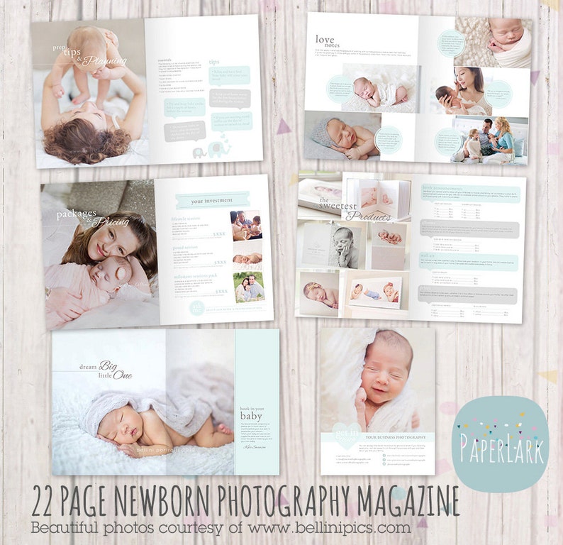 Peut inclure: Un magazine de 22 pages pr&eacute;sentant la photographie de nouveau-n&eacute;s. Le magazine pr&eacute;sente des images de b&eacute;b&eacute;s dans diverses poses, notamment endormis, &eacute;veill&eacute;s et avec leurs parents. Le magazine comprend &eacute;galement des informations sur les services et les prix du photographe.