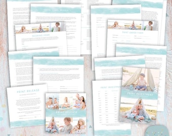 Könnte beinhalten: Eine Sammlung druckbarer Formulare und Verträge für Fotostudios mit blauem Aquarellhintergrund. Die Formulare umfassen eine Modellfreigabe, eine Freigabe für minderjährige Modelle, ein Buchungsformular, eine Hochzeitsfoto-Checkliste, eine Rechnung, Geschäftsrichtlinien, ein Druckauftragsformular, einen Hochzeitsfotovertrag, einen Sitzungsvertrag, eine Druckfreigabe und eine Druckinvestition.