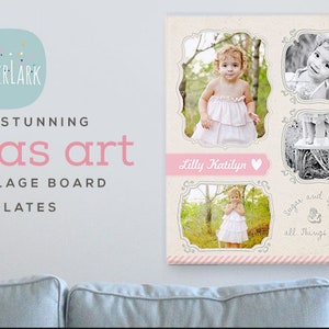May include: A collage canvas print with a pink and white striped background. The canvas features four photos of a young girl in a white dress. The photos are arranged in a grid pattern. The text "Lilly Kaitlyn" is written in pink on a white heart shape. The text "Sugar and Spice and all things nice" is written in gray on a white background.