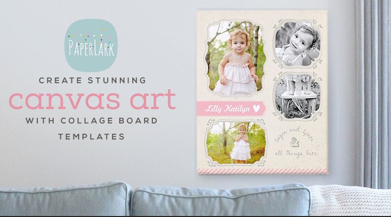 May include: A collage canvas print with a pink and white striped background. The canvas features four photos of a young girl in a white dress. The photos are arranged in a grid pattern. The text "Lilly Kaitlyn" is written in pink on a white heart shape. The text "Sugar and Spice and all things nice" is written in gray on a white background.