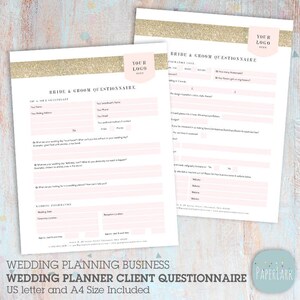 May include: A pink and gold wedding planner client questionnaire with the text "Bride & Groom Questionnaire" and "Wedding Planner Client Questionnaire".