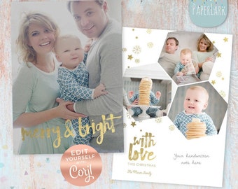 Gold Christmas Card Template - Christmas Photo Card - Corjl template - AC077C - INSTANT Download