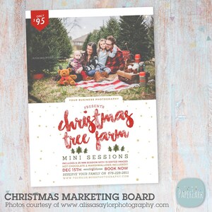Puede incluir: Un anuncio de una mini sesión en una granja de árboles de Navidad con una foto de una familia frente a un árbol de Navidad. El texto dice "Christmas Tree Farm Mini Sessions Includes a 25 min session with 15 edited images Hot Chocolate & Marshmallows Included!!! Dec 15th Book Now Reserve your family on 878-228-2811 www.yourbusinessphotography.com"