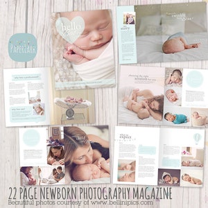 Peut inclure: Un magazine de 22 pages pr&eacute;sentant la photographie de nouveau-n&eacute;s. La couverture pr&eacute;sente un b&eacute;b&eacute; endormi avec un graphique en forme de c&oelig;ur qui dit "hello baby". Le magazine comprend des images de b&eacute;b&eacute;s dans diverses poses et d&eacute;cors, notamment un b&eacute;b&eacute; sur une balance, un b&eacute;b&eacute; dans un panier et un b&eacute;b&eacute; endormi dans les bras d'un parent.