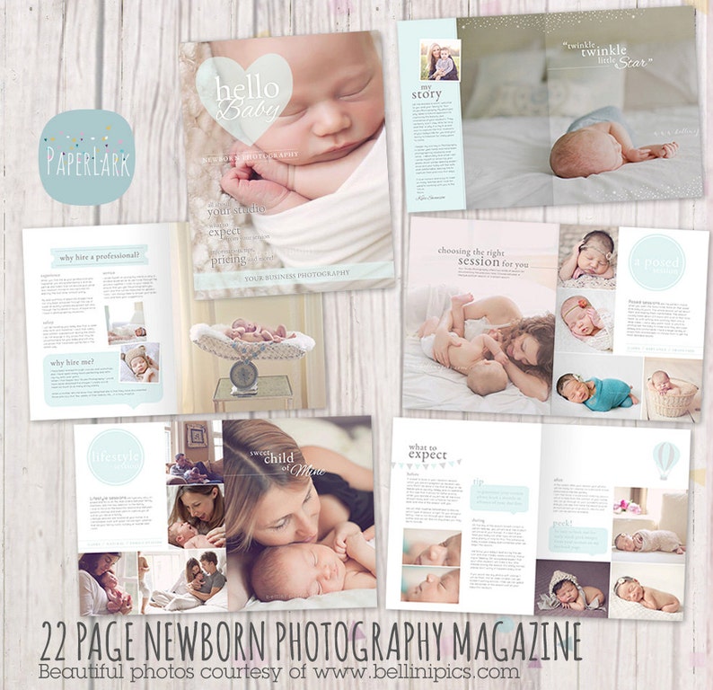 Peut inclure: Un magazine de 22 pages pr&eacute;sentant la photographie de nouveau-n&eacute;s. La couverture pr&eacute;sente un b&eacute;b&eacute; endormi avec un graphique en forme de c&oelig;ur qui dit "hello baby". Le magazine comprend des images de b&eacute;b&eacute;s dans diverses poses et d&eacute;cors, notamment un b&eacute;b&eacute; sur une balance, un b&eacute;b&eacute; dans un panier et un b&eacute;b&eacute; endormi dans les bras d'un parent.
