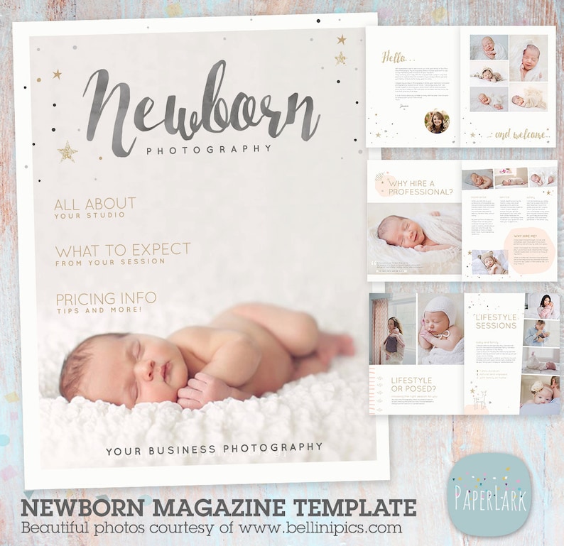 May include: A magazine template for newborn photography businesses. The cover features a sleeping baby on a white blanket with the text "Newborn Photography" in a gray script font. The magazine includes information about the studio, what to expect from a session, pricing, and tips. The text "Newborn Magazine Template" is at the bottom of the cover.