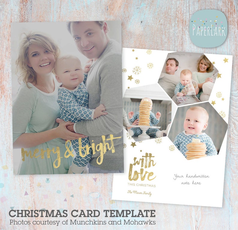 Gold Christmas Card Template Christmas Photo Card Photoshop template AC077 INSTANT DOWNLOAD image 1