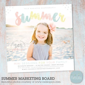 May include: Summer photography special offer for families. A young girl smiles at the camera on a beach. The text reads "Summer" in colorful letters and "Special Offer $145 just for you". Mini sessions for your family. 35 minute session, 15 edited images, print release. 474-363-2719. www.yourbusinessphotography.com