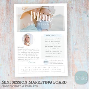 May include: A marketing board for mini photo sessions with a white background and a blue and white striped border. The board features a photo of a woman and a child, along with the text "Mini Sessions" and a calendar of dates for different mini sessions throughout the year. The text "Book your session today" and "Your Business Photography" is also included.