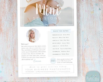 May include: A marketing board for mini photo sessions with a white background and a blue and white striped border. The board features a photo of a woman and a child, along with the text "Mini Sessions" and a calendar of dates for different mini sessions throughout the year. The text "Book your session today" and "Your Business Photography" is also included.
