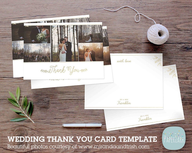 Może przedstawiać: Szablon karty podziękowania ślubnego z kolażem zdjęć pary w leśnym otoczeniu. Tekst "Dziękuję" jest napisany złotą czcionką z kwiatowym wzorem. Karta zawiera r&oacute;wnież tekst "z miłością" i "Pan i Pani Franklin".