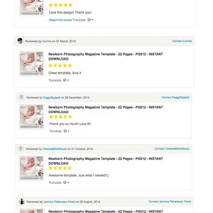 Peut inclure: Cinq avis clients pour un mod&egrave;le de magazine de photographie de nouveau-n&eacute;. Chaque avis comprend une note de cinq &eacute;toiles, un commentaire et un lien pour traduire le commentaire. Le mod&egrave;le est d&eacute;crit comme "Mod&egrave;le de magazine de photographie de nouveau-n&eacute; - 22 pages - PG012 - T&Eacute;L&Eacute;CHARGEMENT INSTANTAN&Eacute;".