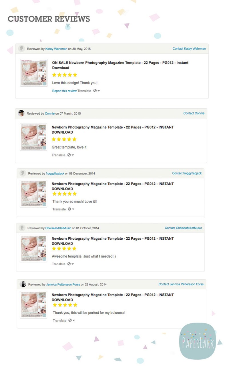 Peut inclure: Cinq avis clients pour un mod&egrave;le de magazine de photographie de nouveau-n&eacute;. Chaque avis comprend une note de cinq &eacute;toiles, un commentaire et un lien pour traduire le commentaire. Le mod&egrave;le est d&eacute;crit comme "Mod&egrave;le de magazine de photographie de nouveau-n&eacute; - 22 pages - PG012 - T&Eacute;L&Eacute;CHARGEMENT INSTANTAN&Eacute;".