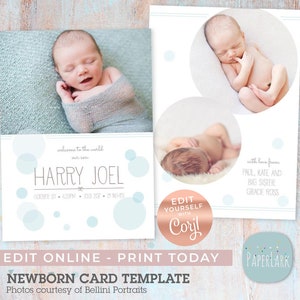 Birth announcement, Baby boy card, Newborn greeting card, Baby Card, Newborn card, Corjl Card template, AN005C - INSTANT Download
