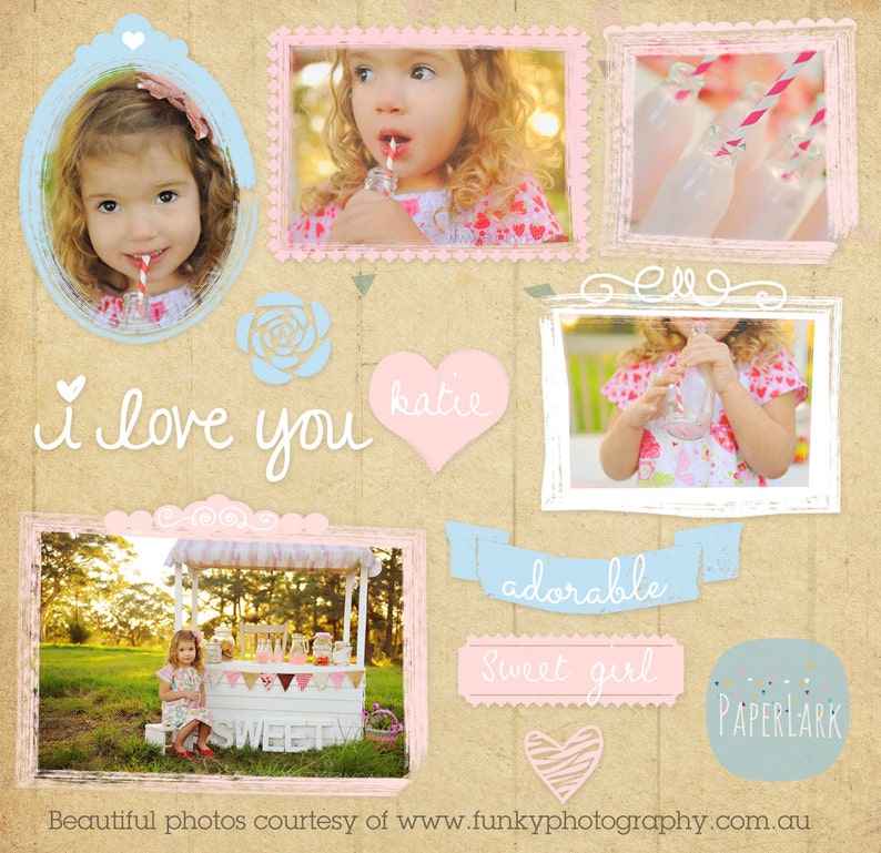 May include: A collage of photos featuring a young girl in various settings. The photos are arranged in a scrapbook style with decorative elements like hearts, flowers, and text. The text includes "i love you", "katie", "adorable", "sweet girl", and "PAPERLARK".