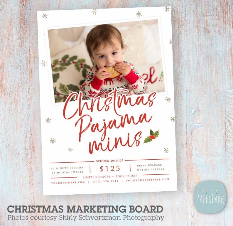 May include: Christmas Pajama Minis photography session announcement with a photo of a baby wearing a red and white patterned sweater. The text reads "Christmas Pajama Minis" with a holly sprig. The announcement includes details about the session, price, and booking information.