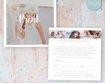 May include: A photography print release form with a white background and black text. The form includes a section for the copyright holder to sign and date the release. The form also includes a section for the photographer to sign and date the release. The form includes the text "Print Release" and "Your Business Photography".