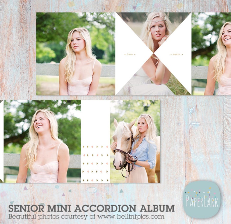 Puede incluir: Un &aacute;lbum de acorde&oacute;n mini para senior con fondo blanco y borde azul claro. El &aacute;lbum presenta fotos de una joven en varios entornos, incluyendo un campo, un granero y un caballo. El &aacute;lbum est&aacute; decorado con un patr&oacute;n geom&eacute;trico de tri&aacute;ngulos en rosa, dorado y blanco.