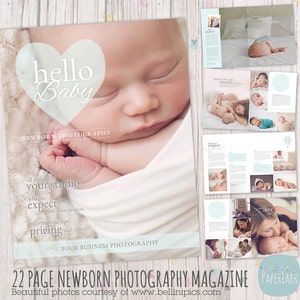 Peut inclure: Un magazine de 22 pages pour les photographes de nouveau-n&eacute;s avec un th&egrave;me bleu clair et blanc. La couverture pr&eacute;sente un b&eacute;b&eacute; endormi avec le texte "hello Baby" et "Newborn Photography". Le magazine comprend des informations sur le studio du photographe, &agrave; quoi s'attendre d'une s&eacute;ance nouveau-n&eacute;, les prix et plus encore.