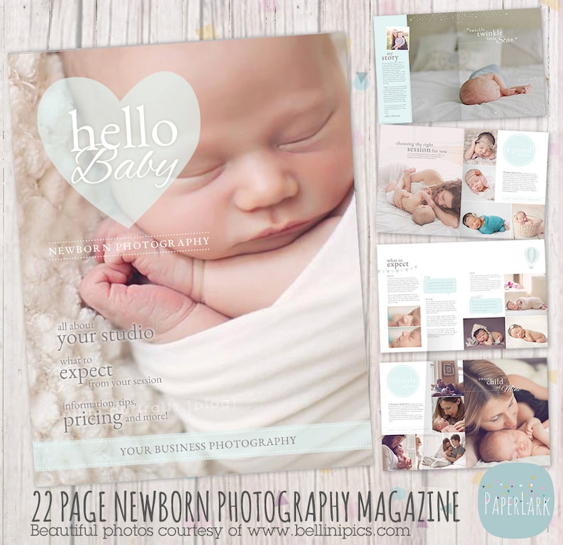 Peut inclure: Un magazine de 22 pages pour les photographes de nouveau-n&eacute;s avec un th&egrave;me bleu clair et blanc. La couverture pr&eacute;sente un b&eacute;b&eacute; endormi avec le texte "hello Baby" et "Newborn Photography". Le magazine comprend des informations sur le studio du photographe, &agrave; quoi s'attendre d'une s&eacute;ance nouveau-n&eacute;, les prix et plus encore.