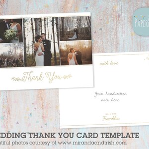 Może przedstawiać: Szablon kartki z podziękowaniami ślubnymi z złotą ramką i wzorem kwiatowym. Kartka zawiera cztery zdjęcia pary młodej w leśnym otoczeniu. Tekst "Dziękuję" jest napisany złotym pismem. Kartka zawiera r&oacute;wnież tekst "z miłością" i miejsce na ręcznie napisany list.