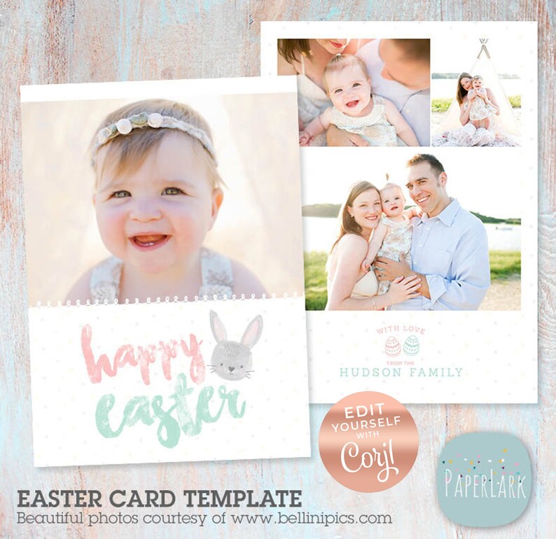 K&ouml;nnte beinhalten: Eine Happy Easter-Kartenvorlage mit einer Fotocollage einer Familie mit einem Baby. Die Karte zeigt eine pastellrosa und gr&uuml;ne Hasenillustration mit dem Text "Happy Easter" und einen wei&szlig;en Hintergrund mit einem dezenten Tupfenmuster. Der Text "Mit Liebe von der Familie Hudson" befindet sich am unteren Rand der Karte.