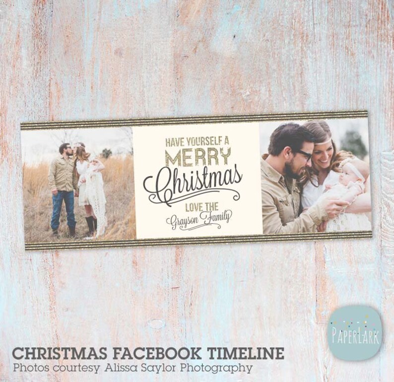 K&ouml;nnte beinhalten: Ein Weihnachts-Facebook-Timeline-Cover mit einer dreik&ouml;pfigen Familie. Die Eltern k&uuml;ssen sich auf dem linken Foto, und die Familie h&auml;lt ihr Baby auf dem rechten Foto. Der Text lautet "Have yourself a Merry Christmas Love the Grayson Family".