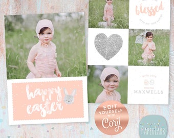 May include: A pink and white Easter card template with a bunny rabbit and the text "Happy Easter". The template includes four photo spaces for pictures of children. The text "Edit Yourself with Coril" is on a copper-colored circle.