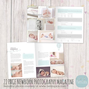 Peut inclure: Un magazine de photographie nouveau-n&eacute; de 22 pages avec un th&egrave;me bleu clair et blanc. Le magazine pr&eacute;sente des photos de b&eacute;b&eacute;s dans diff&eacute;rentes poses et comprend des informations sur ce &agrave; quoi s'attendre lors d'une s&eacute;ance de photographie nouveau-n&eacute;. Le magazine comprend &eacute;galement une liste de prix pour diff&eacute;rents produits, tels que des tirages, des albums et des fichiers num&eacute;riques.