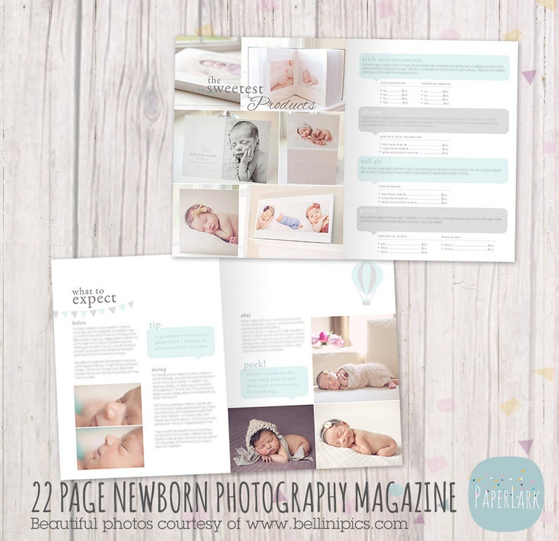Peut inclure: Un magazine de photographie nouveau-n&eacute; de 22 pages avec un th&egrave;me bleu clair et blanc. Le magazine pr&eacute;sente des photos de b&eacute;b&eacute;s dans diff&eacute;rentes poses et comprend des informations sur ce &agrave; quoi s'attendre lors d'une s&eacute;ance de photographie nouveau-n&eacute;. Le magazine comprend &eacute;galement une liste de prix pour diff&eacute;rents produits, tels que des tirages, des albums et des fichiers num&eacute;riques.