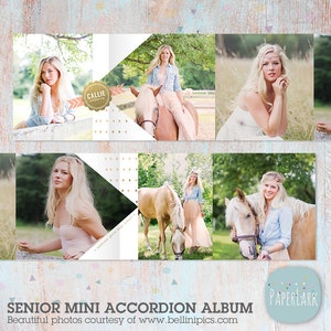 Puede incluir: Un &aacute;lbum de acorde&oacute;n mini para senior con un fondo azul claro y un patr&oacute;n geom&eacute;trico dorado y blanco. El &aacute;lbum presenta fotos de una joven con un caballo. La portada del &aacute;lbum tiene el texto "Senior Mini Accordion Album" y "Paperlark" en un c&iacute;rculo azul claro con lunares blancos.