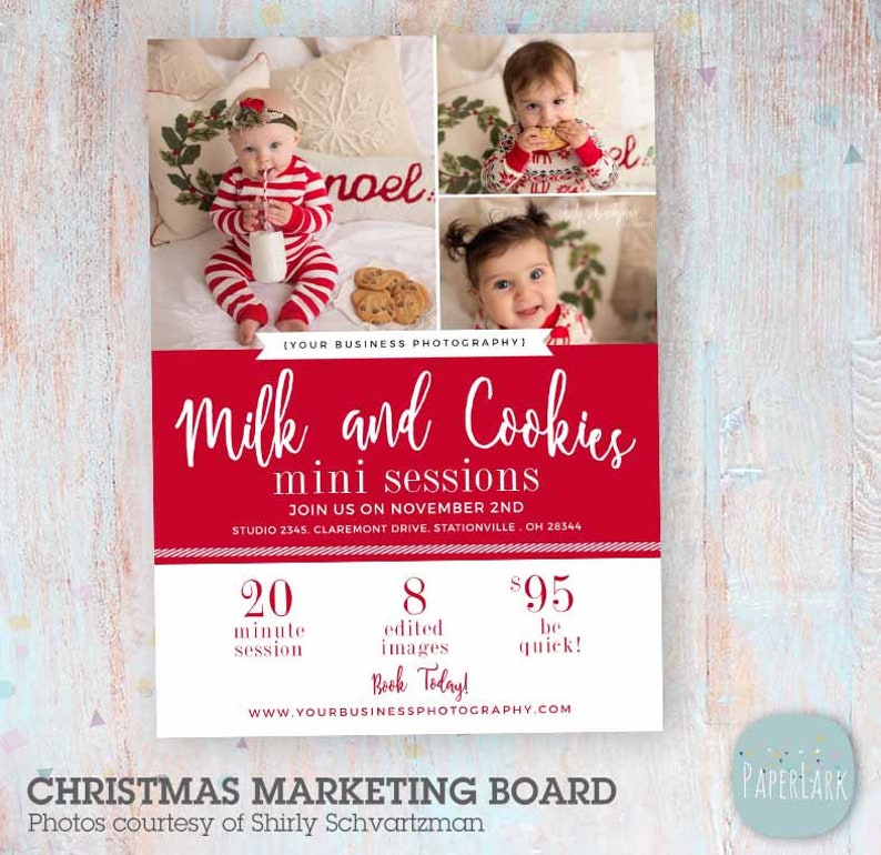 May include: Red and white Christmas marketing board with a photo of a baby in a red and white striped outfit holding a glass of milk and a plate of cookies. The text on the board reads "Milk and Cookies mini sessions" and "Join us on November 2nd".