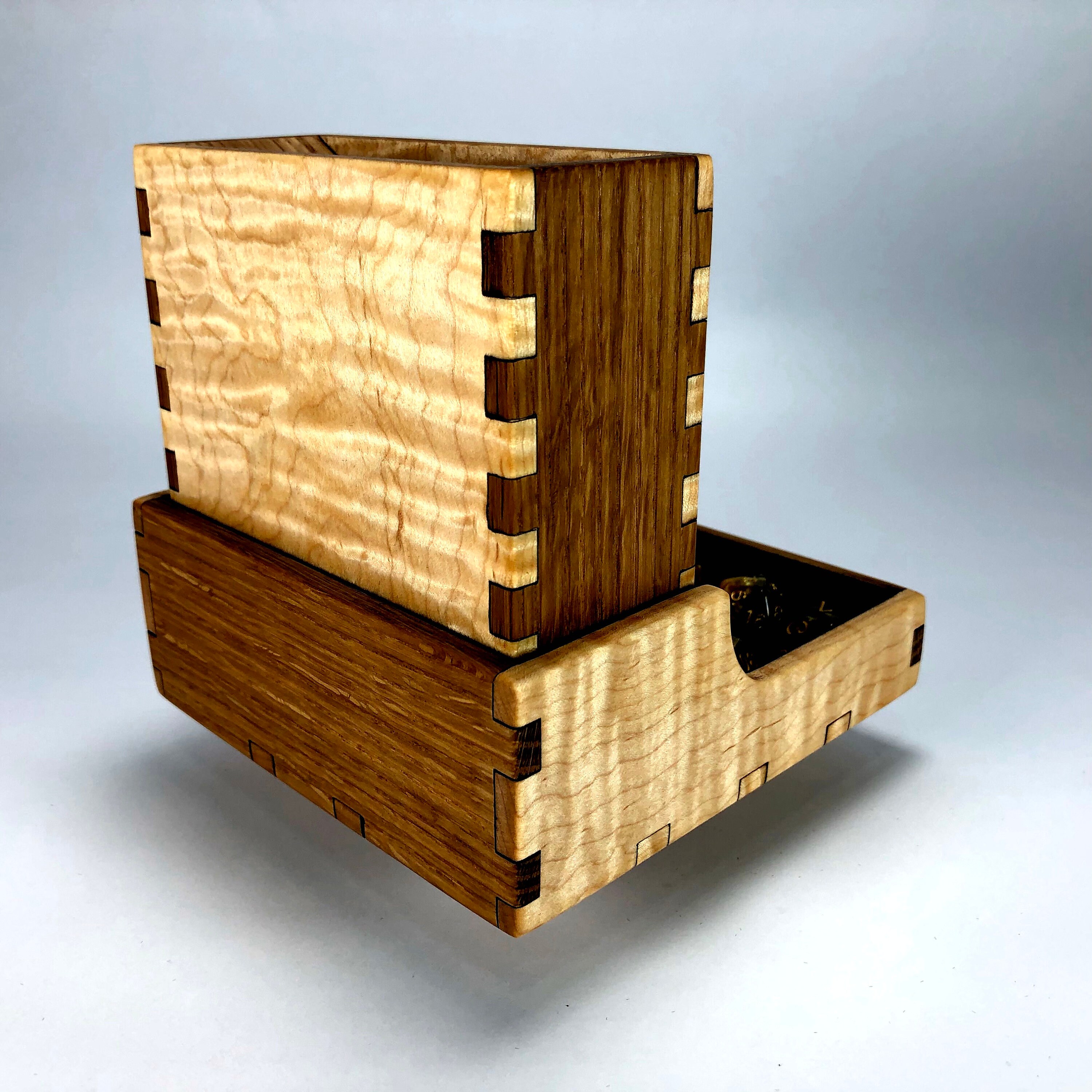Oak and Curly Maple Dice Tower and Tray with Dice