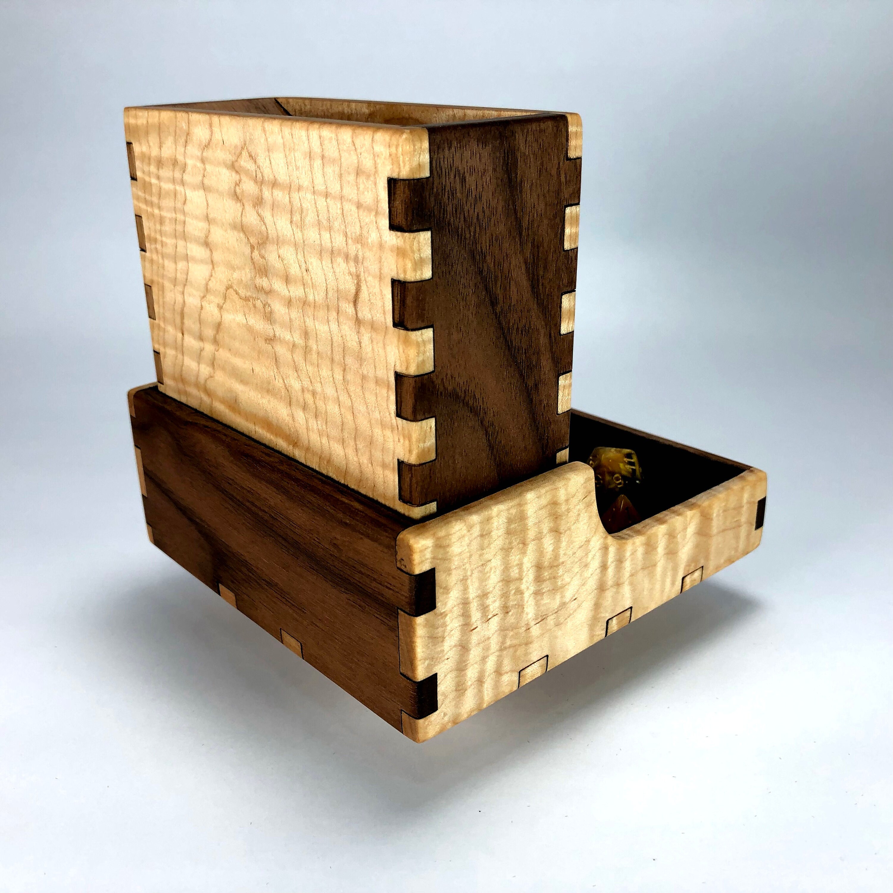 Walnut and Curly Maple Dice Tower and Tray with Dice