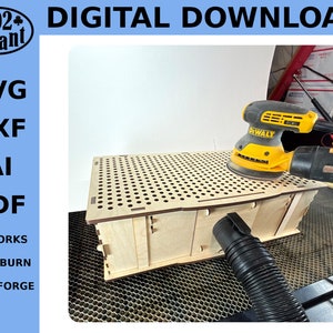 May include: A wooden box with a grid pattern on the top. The box has a dust collection port on the side. A yellow and black power sander is on top of the box. The box is labeled "DIGITAL DOWNLOAD" and includes the file types "SVG, DXF, AI, PDF, RDWORKS, LIGHTBURN, GLOWFORGE".