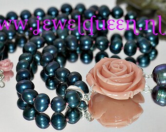 Hand knotted black freshwater pearl necklace with clip pendant of big Rose and pearl drop