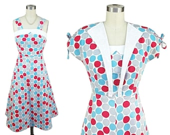 Vintage 1940s Dress Set XS S ~ Darling 40s 50s BETTY MAID Cotton Sundress & Jacket Red Blue Gray Polka Dot with White Trim and Jacket Bolero