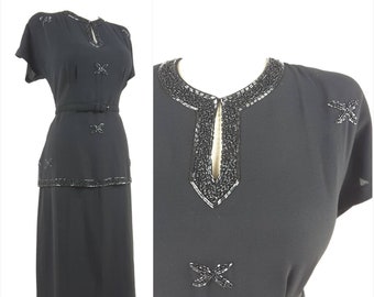 Vintage 1940s Dress L XL ~ Stunning Sexy 40's Sparkling Beaded Inky Black Dress with Peplum Cap Sleeves Pencil Skirt True Hollywood Glamour!