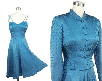 Vintage 1940s Dress S ~ Liquid Satin 40's Dress Set Teal Blue Dress Jacket Set 40s Tulip Novelty Print Pinup Party True Hollywood Glam