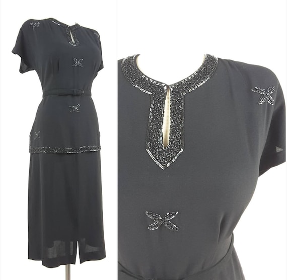 Vintage 1940s Dress L XL ~ Stunning Sexy 40's Sparkling Beaded Inky Black  Dress With Peplum Cap Sleeves Pencil Skirt True Hollywood Glamour! - Etsy