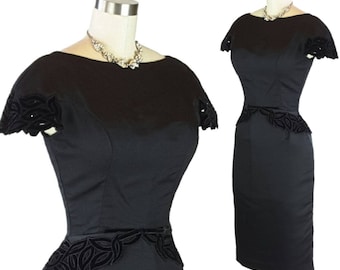 Vintage 1950s Dress S ~ Sexy 50's Black Hourglass Dress Wiggle Skirt Bodycon Wasp Waist Velvet Peplum & Cap Sleeves ~ Hollywood Glam!