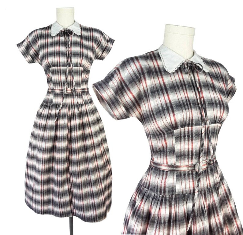 Vintage 1950s Dress S M White Red Black Plaid Fit & Flare Dress Fitted Shelf Bodice Wasp Waist Lace Trim Collar Tie Bow Cuffed Sleeves image 1